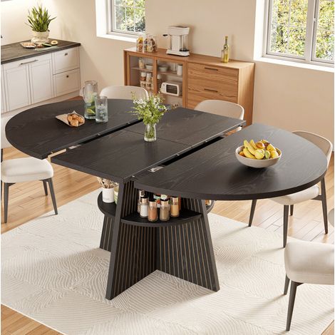 Mesa de comedor extensible de 110-150x110x76 cm con almacenamiento abierto, esquinas redondeadas, MDF negro (1/5)