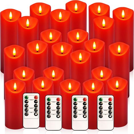 Lot de 24 bougies LED rouges avec télécommande et minuterie - Bougies piliers sans flamme à effet flamme 3D, fonctionnant sur piles, idéales pour sapin de Noël, centres de table et décorations de fête (1/5)