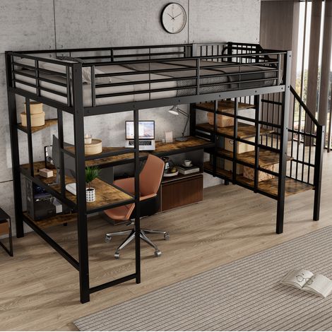 MEUBLIV Letto a soppalco 120x200 cm nero e legno scuro – scrivania integrata, senza materasso (1/5)