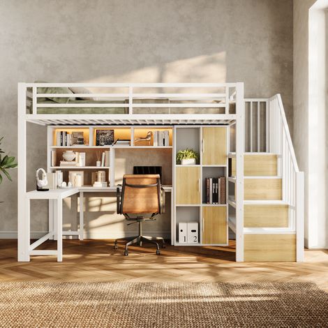 Lit mezzanine 90x200 cm avec bureau intégré, escalier avec rangement, étagères et éclairage LED, structure métal et MDF - Blanc (1/5)