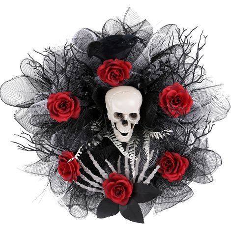 Couronne d'Halloween en forme de crâne avec roses rouges, en maille et tête de mort, décoration gothique à suspendre à la porte, décoration d'Halloween effrayante pour la maison 40 x 40 x 13 cm (1/5)