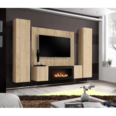 Ensemble meuble TV mural Fly M-P1 avec cheminée bioéthanol - Bois MDF chêne Hickory Jackson - 240 x 170 x 40 cm - Livraison gratuite