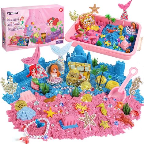 Sable Jouet Magique pour Sirène, Bac à Sable Cadeau dès Enfant 3 Ans 1 KG Sable Coloré Sensoriel, Bac à Sable avec Couvercle, Sirène Jouets, Coffre au Trésor et Pierres Précieuses (1/5)