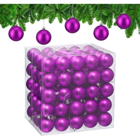 Relaxdays Christmas Baubles, Set of 100, Festive Tree Ornaments, D: 6 cm, Holiday Decorations, Plastic, Matte, Violet