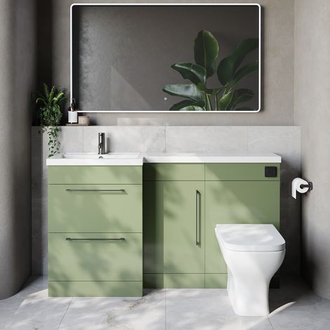Napoli 390 Olive Green 1500mm 2 Drawer Vanity Unit Toilet Suite with Left Hand Square Lucia Basin - 1500mm - Gunmetal Grey 320mm HandleWith Kingston Toilet Pan and Seat