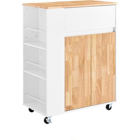 SoBuy FKW132-WN Carrello da Cucina con Ruote, Isola da Cucina con Piano di Lavoro in Legno di Gomma, Mobile Cucina Salvaspazio, Carrello Cucina con Cassetti 70x40x90 cm Bianco (1/5)