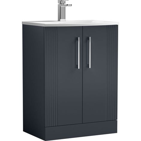 Belvide Partial Fluted 2 Door Floor Standing Vanity Unit with 1 Tap Hole Curved Basin- 600mm - Satin Dark Grey (1/4)