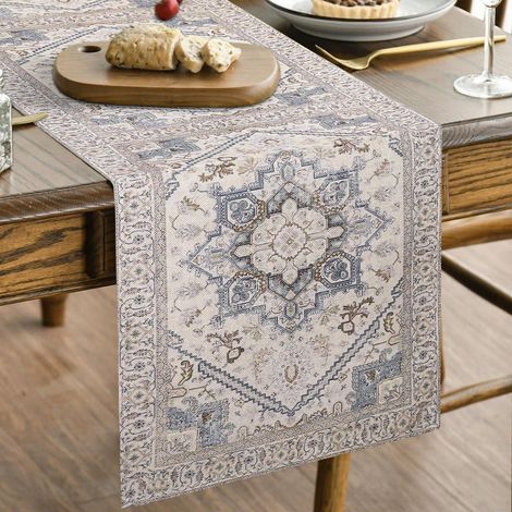 Tischläufer Boho Landhausstil Blau Beige 33x183 cm Pflegeleicht & Robust