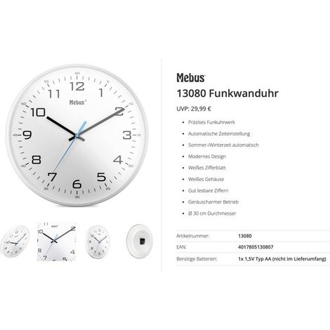 Mebus 13080 Radiocontrollato Orologio radiocontrollato 30 cm Bianco Movimento silenzioso (senza scatti)