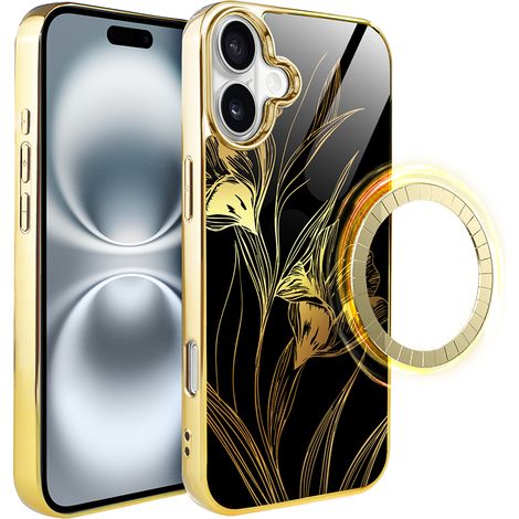 Coque en verre ibizu Elite pour iPhone 16 Plus avec MagSafe, dos en verre, coloris Golden Midnight, Royal Irises, or (1/5)