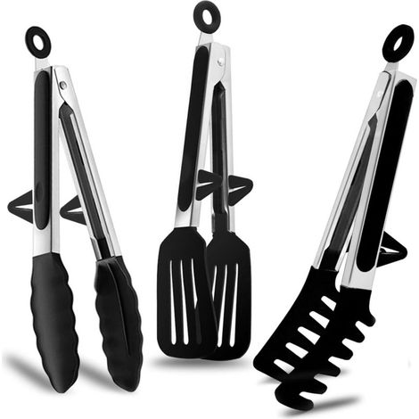 Küchenzange aus Edelstahl, 23 cm, mit Silikonspitzen, für Grillgerichte, Pasta, Salate und Buffets, schwarz.