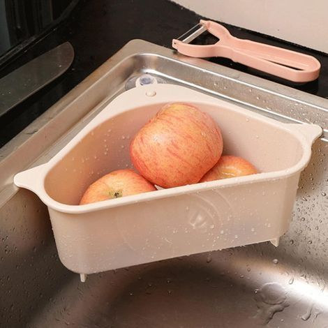 Wandmontierter Dreibein-Geschirrabtropfer, multifunktionaler Geschirrabtropfer, Geschirrständer, Abtropfgestell, Schwammhalter für die Küche, Beige – 26 x 14,2 x 10 cm (1/4)