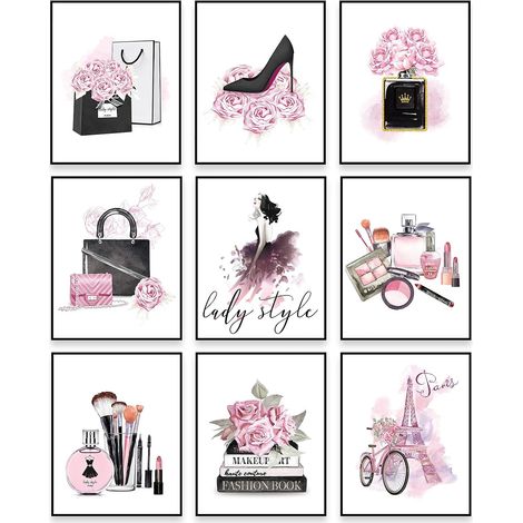 9 Pièces Arts Murales Modernes Femmes Affiches Murales Chambre Roses Décorations Murales de Parfum Sacs à Main Talons Hauts Fille pour Décorations de Salon Chambre de Maison, Sans Cadre (1/5)