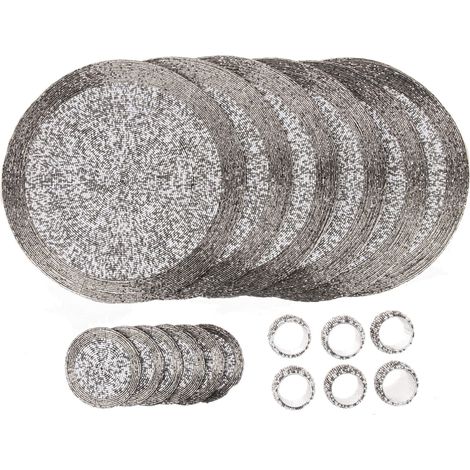 Lot de 18 sets de table, dessous de verre et ronds de serviette en perles de verre, couleur argent et blanc, sets de table ronds, fabriqués à la main par des artisans, D:32cm (1/5)