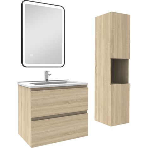 Acezanble Meuble salle de Bain 60cm avec colonne + miroir 3 couleurs Chêne Wotan