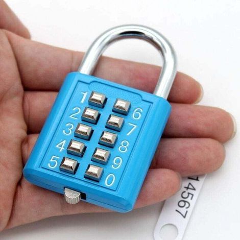 Cadenas à combinaison à bouton bleu, serrure numérique, idéal pour les outils de bricolage tels que valises, portes, tiroirs et boîtes. Combinaison à 10 chiffres, mécanisme de verrouillage à 5 positi (1/4)