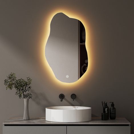 Asymmetrischer Spiegel mit LED Beleuchtung 52 x 85 cm Badspiegel mit Beleuchtung Bad Spiegel mit Licht LED Spiegel mit Touch-Schalter, Dimmbar, 3 Lichtfarbe Einstellbare