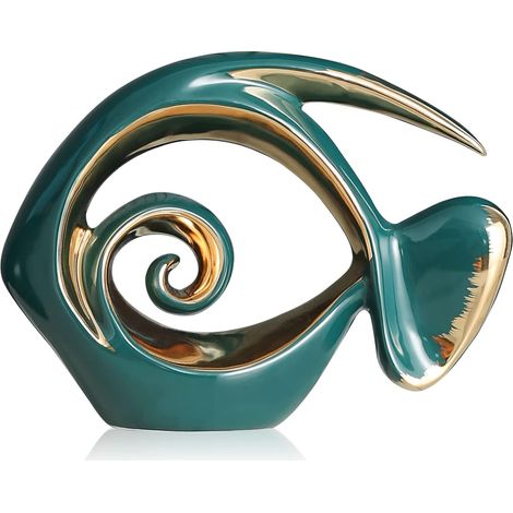 Figurines de poisson en céramique verte et dorée - Décoration côtière moderne pour salon, salle à manger, salle de bain, bureau, table basse, maison de plage, nautique (1/5)