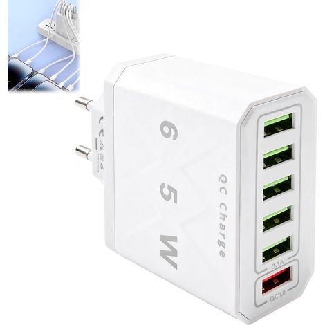 Chargeur USB Multiple 65W 6 Ports, Prise USB-A QC3.0, Adaptateur Secteur Prise USB multiple, compatible avec 15, tablettes, écouteurs, maison, bureau, voyage, charge partagée 65W (1/5)