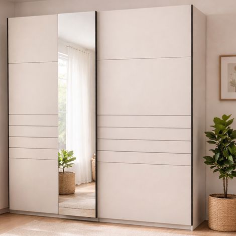 Großer, minimalistischer Kleiderschrank, Schlafzimmer Garderobe, 2 Regale, Schiebetüren, 220x217,5h cm, Cremeweiß (1/5)