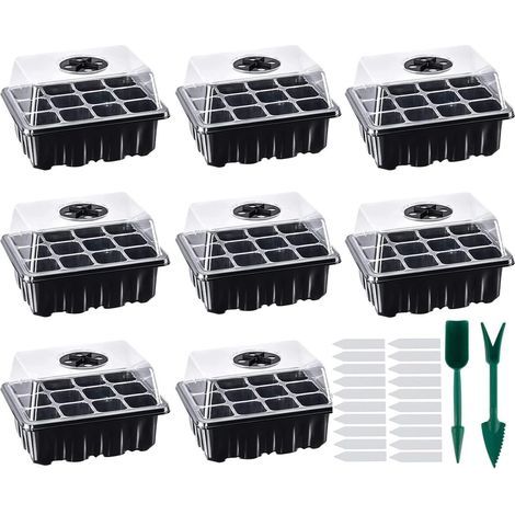 8 Pièces Mini Serre pour Semis, 96 cellules Serre Interieur Plateaux de Culture Semis Bacs à Semis Kit de Germination Interieur avec Couvercle pour Plantes Tomate, Noir (1/5)