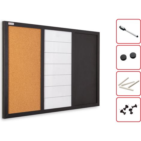 Tableau COMBI 3 en 1 : Blanc magnétique, noir à craie et surface en liége - 60x40 cm