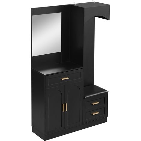 Mueble de entrada multifunción con espejo, zapatero, perchero y banco, negro (1/5)