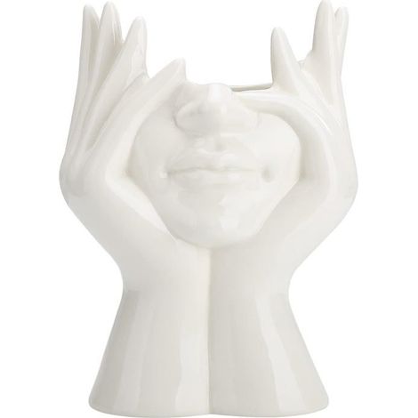 Vase en céramique demi-visage 22cm, sculpture moderne, pot de fleurs blanc pour la maison, le salon, le bureau, la table (blanc)