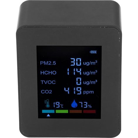 6-in-1-Luftqualitätsmessgerät mit PM2,5- und CO2-Infrarotsensor, USB-aufladbar (inkl. integriertem Akku) – Schwarz (1/5)