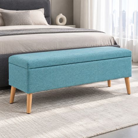 Panca contenitore imbottita blu, 110 x 39 x 45 cm, effetto lino HAVRYA (1/5)