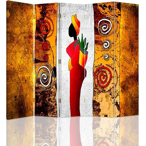 Paravent Mme Couleur 5 Volets Style Africain Décoratif - 180 x 180 cm - 2 faces R° V° + rotation 360°