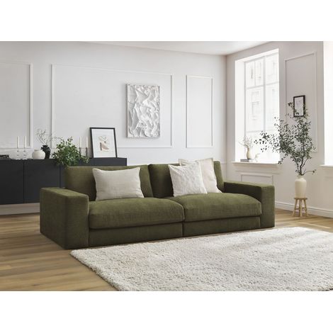 Bobochic – Canapé droit fixe 3 places compact – Tissu texturé vert – Structure en pin et hêtre – Rembourrage en silicone pour confort optimal (1/5)
