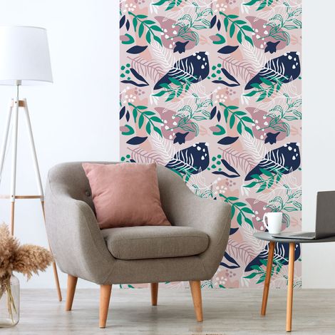 Papier peint intissé pré-encollé - TROPICAL ROSE ET BLEU MARIN - 1 rouleau de 300x60cm (1/5)