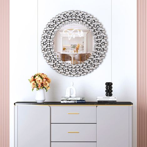 Miroir mural rond 34 pouces avec accents de cristal – décoration murale élégante pour salle de bain, chambre ou entrée (1/4)