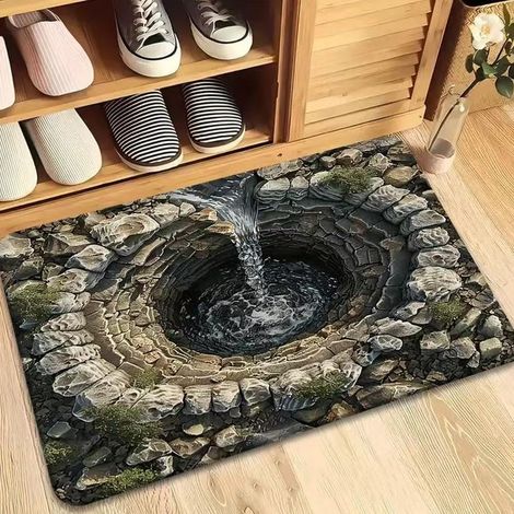 4060cm Tapis de porte à effet d'optique 3D, motif puits de pierre et eau qui coule, antidérapant, idéal pour l'entrée, le salon, la salle de jeux, l'allée extérieure et la décoration intérieure. (1/5)