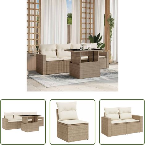 vidaXL Gartensessel - 5-tlg. Garten-Sofagarnitur mit Kissen Beige Poly Rattan (1/5)