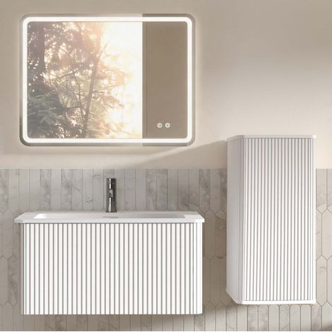 Badezimmermöbel mit Waschbecken, LED-Spiegel und Seitenschrank, Weiß, 81 cm (1/5)