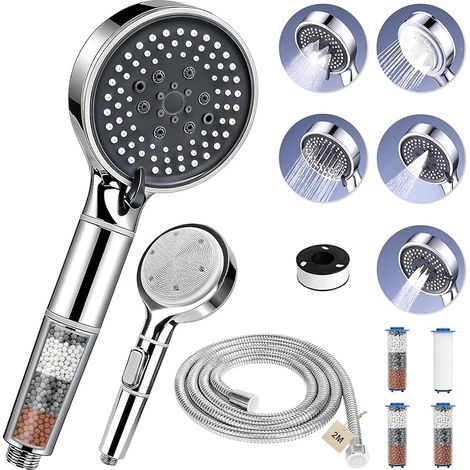 Pommeau de Douche Anti Calcaire Douchette Douche Salle de Bain avec 5 Modes pomme de douche avec Tuyau 2M Poire de Douche avec Bouton Arrêt Economie d'eau Haute Pression,total 4 filtre (1/5)