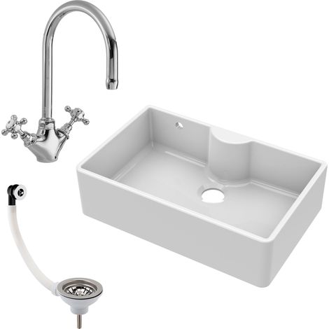 Fireclay 795mm 1 Bowl Butler Kitchen Sink - Tap Ledge with Tap & Waste - Ceramic Kitchen Sink & Tap Package (1/4)