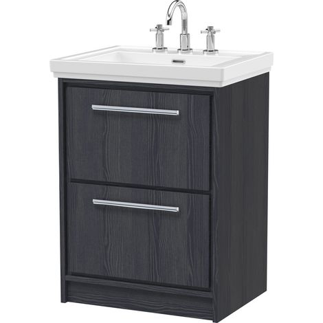 Longnor 2 Drawer Floor Standing Vanity Unit with 3 Tap Hole Traditional Fireclay Basin, Woodgrain Graphite Grey, 600mm