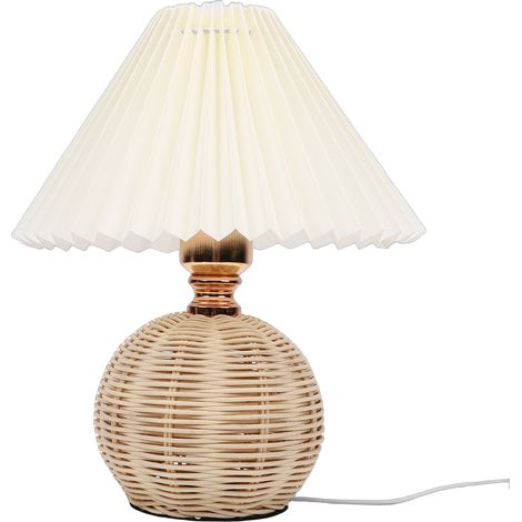 Lampe de table plissée, abat-jour en lin jaune clair, base en rotin, chevet pour chambre à coucher, Beige (1/5)