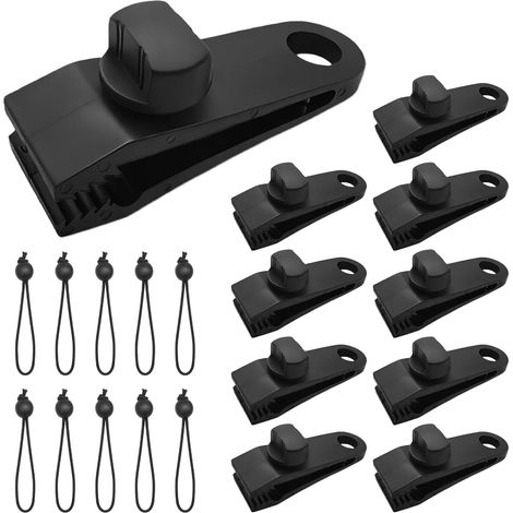 Lot de tendeurs de table - 10 pinces de planche + 10 cordes noires avec boule, poignées de tente étanches, pinces de tente, pinces à voile solaire, pinces pour auvents de jardin (1/5)