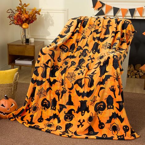 Couverture d'Halloween – Plaid doux en polaire de flanelle avec motif de chauves-souris – Décoration pour fête, canapé, lit ou salon – 50 x 60 pouces (env. 127 x 152 cm) (1/5)