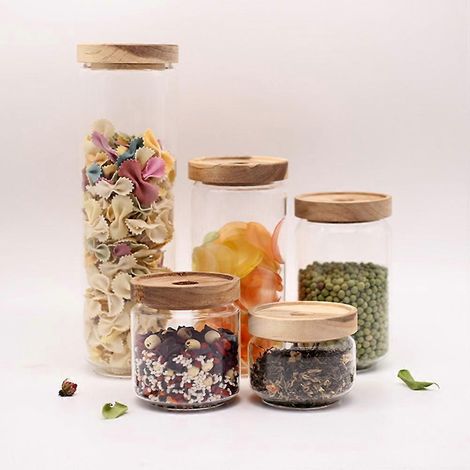 Boîtes de rangement verre transparent, bocaux hermétiques thé/bonbons couvercle bois, organisation cuisine, 9 x 15 cm, 1 pièce (1/4)