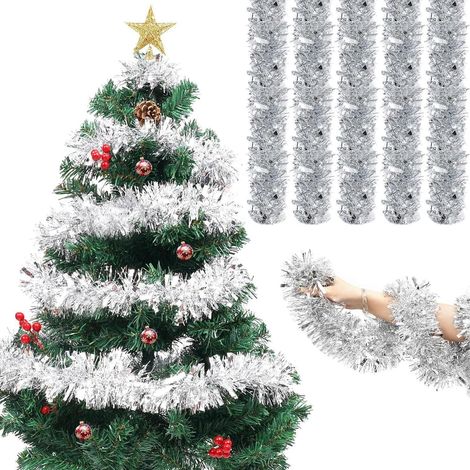 5x Lametta Girlande 2m Silber, Weihnachtsbaum Deko, Glänzend, Flexibel