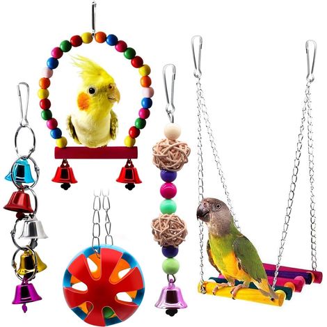 Ensemble de 5 jouets pour oiseaux colorés, jouets pour perroquets, jouets à mâcher pour oiseaux avec hamac, chaîne d'horloge pour oiseaux, idéal pour les oiseaux, les perroquets, les moineaux