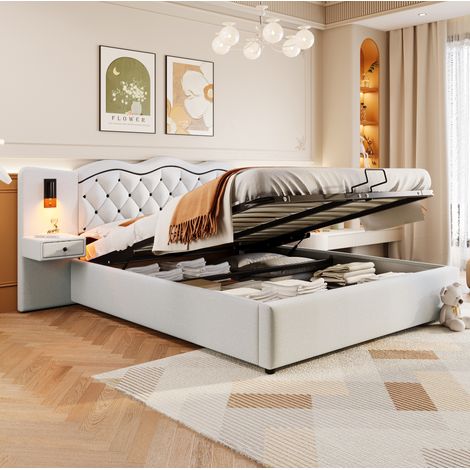 Letto matrimoniale 180x200 cm in tessuto beige con contenitore, senza materasso FloraGrace (1/5)