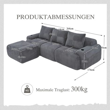 Canapé modulaire 3 places gris foncé en corde, avec poufs, combinable librement, repose-gobelet et poches de rangement latérales, parfait pour salon, salle familiale
