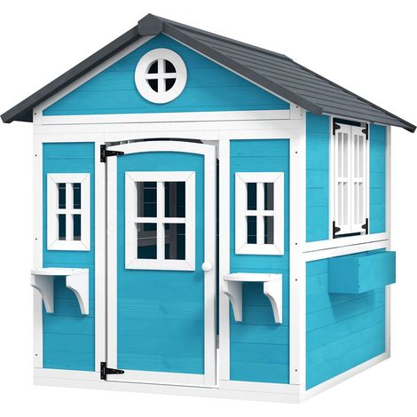 Kinderspielhaus aus Holz Spielhaus Outdoor mit Fenster, Blumenregal, Pflanzenkasten und Tür Gartenhaus für Kinder 3-8 Jahre Blau Aosom