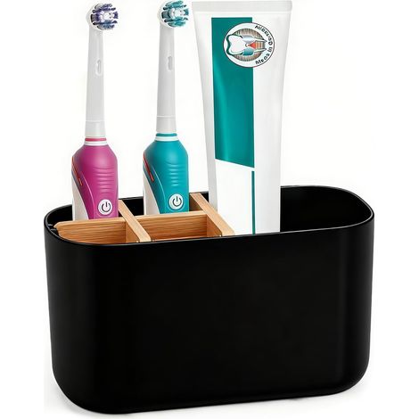1 - Porte-Brosse à Dents - Organisateur de Salle de Bain - 6 Compartiments pour Brosse Électrique et Dentifrice - Design Sans Perçage pour Lavabo - Noir - 18x10x8cm